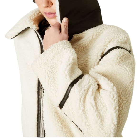 New cream Shearling Bomber Jacket faux Leather Black Trim Sz L - Picture 8 of 12